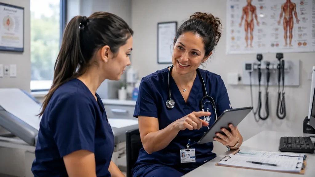 Seasoned nurse practitioner showing a student the clinical steps of how long does it take to become a preceptor in a modern healthcare setting.