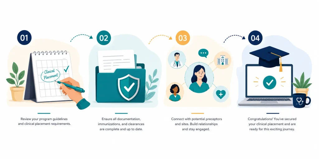 How to find a nurse preceptor: a 4-step infographic roadmap covering clinical requirements, CAA credentialing, networking, and securing a clinical placement.
